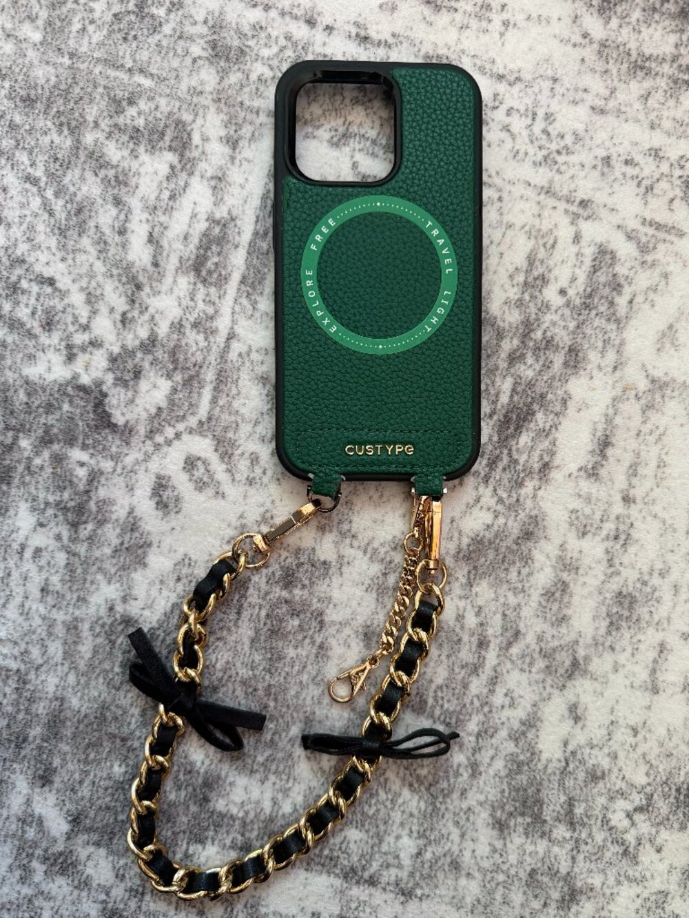Green vegan leather phone case w/ gold chain bow wrist strap for iPhone 15 Pro